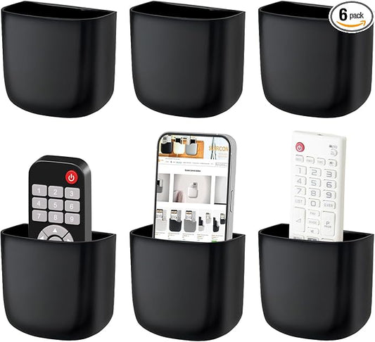 SUNFICON Wall Mount Remote Holder TV FAN Remote Control Holder Bedside Caddy Wall Organizer Phone Holder for Office Adhesive Media Player Controller Holder Box Tray Home Desk Nightstand Black 6PACK