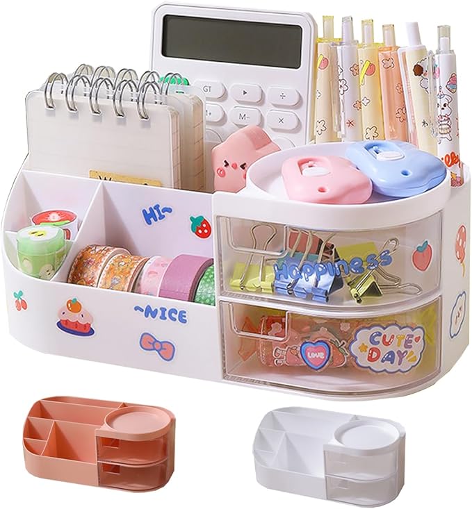 Kawaii Stationery Storage Box Makeup Organizer with 2 Drawers, Kawaii Pen Organizer with Stickers DIY Fun, Desk Organizers and Accessories with 5 Compartments for Teen Girls Office Art Supplie