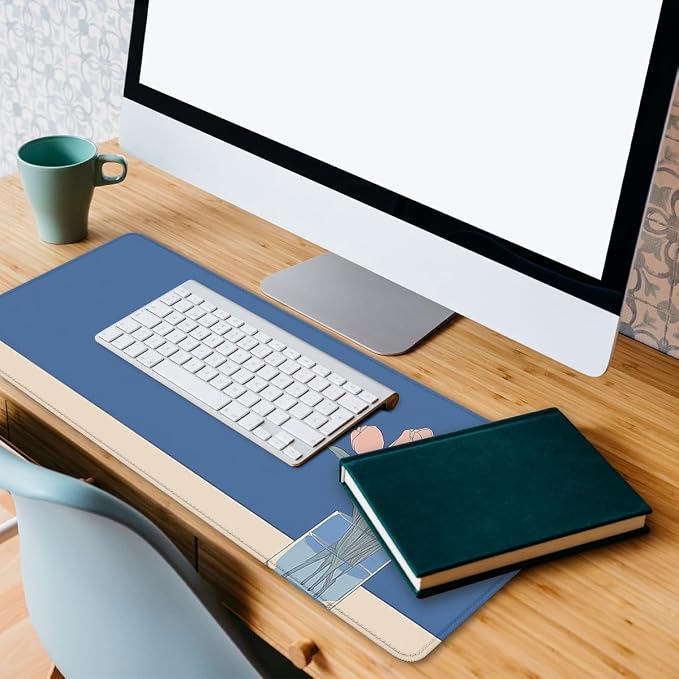 Minimalist Flowers Desk Mat Gaming Mouse Pad Blue Tulip Vase Large Gaming Mouse Mat with Stitched Edges,Non-Slip Waterproof Rubber Base Mous Mat Office Computer Keyboard 31.5"x11.8"