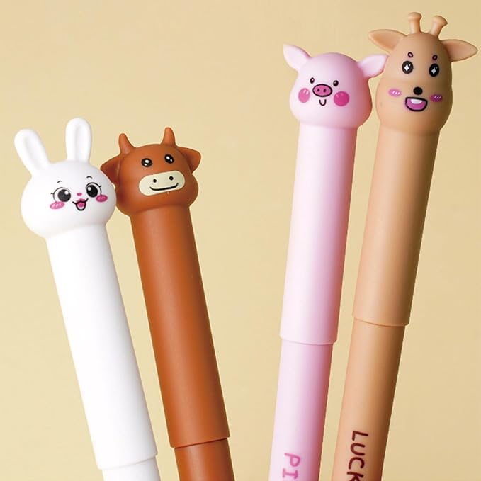 MOZXIRZ 4 Pcs Cute Erasable Pens Cartoon Animal Gel Pen 0.5mm Black Ink Smooth Writing Pen Kawaii Erasable Pens for Women School Supplies Office Supplies (Animal-Black Ink)