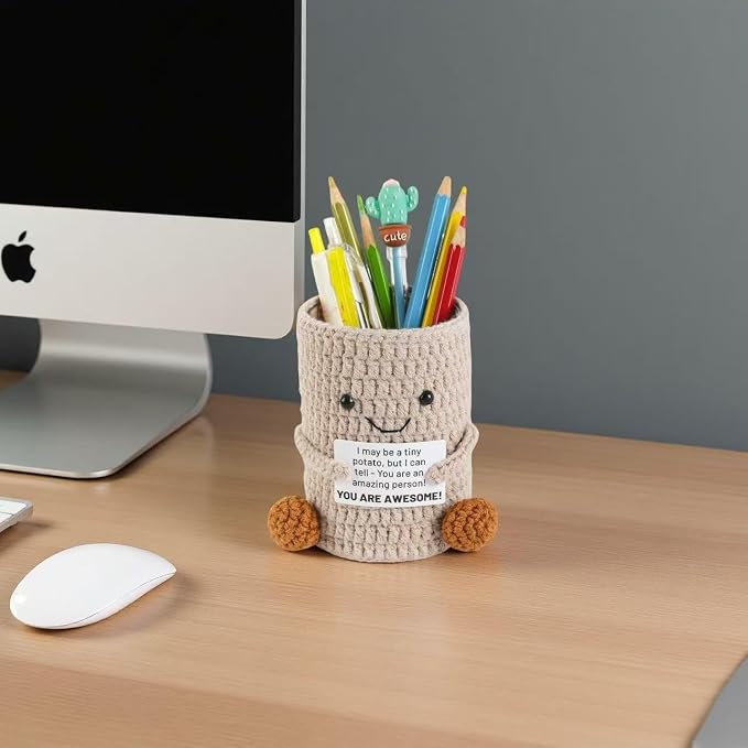 Cute Crochet Pencil Holder with Positive Message,Makeup Brush Holder Desk Organizer for Office School desk,Best Gift For Colleague Classmate And Friends Back to School Suplies
