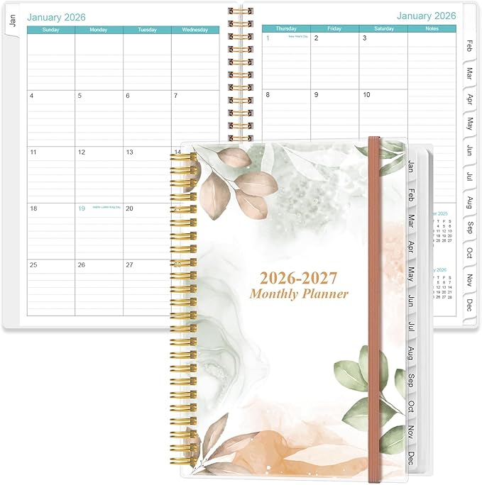 2026-2027 Monthly Planner - January 2026 - June 2027, Two Pages Per Month, 18 Monthly Calendar/Planner with Tabs, Inner Pocket, 6.4" x 8.5", Rose Leaf