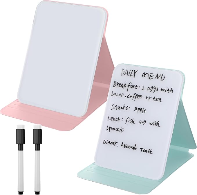 Dunzoom 2 Pcs Small Glass Desktop Whiteboard with Reversable Stand 8 x 6 Inch Mini Dry Erase White Board Easel with 2 Markers Reusable Desk Notepad for Home Office School Supplies (Pink,Green)