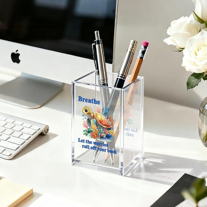 Breathe Let The Worries Roll Off Your Back Pen Holder Makeup Organizer, Funny Sea Turtle Pencil Pen Holder for Desk, Ocean Theme Desk Accessories, Beach Decor Organizer Office Gifts for Coworker