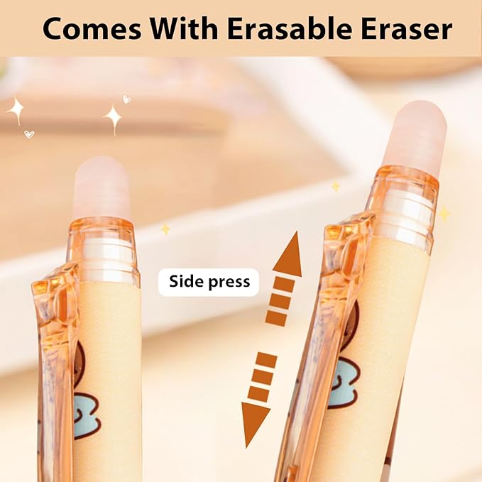 12 PCS Cute Erasable Pens,Capybara Erasable Gel Ink Pens,0.5mm Blue Ink - Retractable, Cute Capybara School Supplise,Kawaii Capybara Stationery Set,Perfect for Office, School, Women,Man