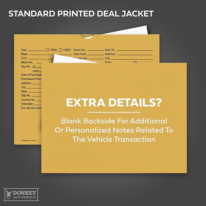 Printed Vehicle Deal Envelopes 9x12 Deal Jackets (100 shrink wrapped) (Buff)
