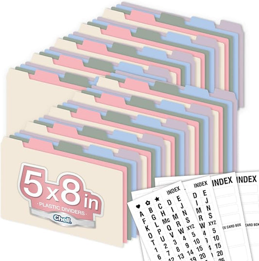 Chell 5x8 Plastic Index Card Dividers, Morandi Colors, Heavyweight Poly Index Card Guides A-Z, with Alphabetical/Blank Stickers, Pack of 50