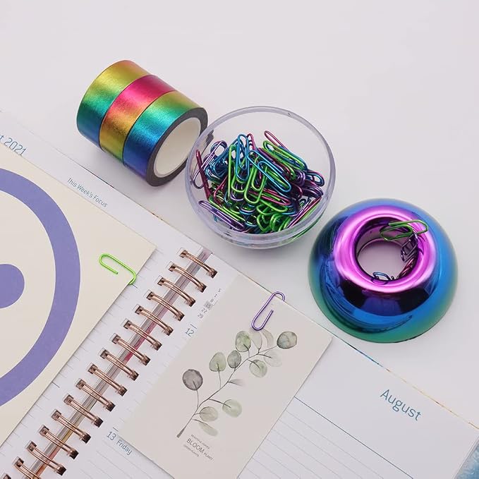 NatSumeBasics Rainbow Paper Clip Holder Iridescent Oil Slick Magnetic Paper Clips Dispenser & 100 Colorful Paperclips Holographic Desk Accessory for Office