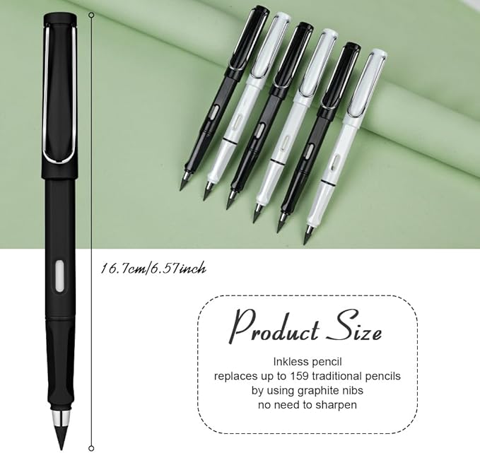 Ainiv Inkless Pencil Forever Pencil, 6 Sets Infinity Pencil Everlasting Pencil with Eraser, Reusable Infinite Pencil with Extra 6 Replaceable Nibs, Endless Pencil for Home Office School Supplies