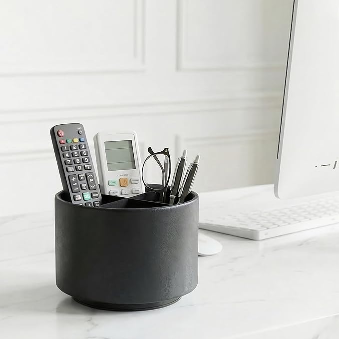 Hennaja Round Leather Art Supply Organizer,Remote Control Holder,360 Degree Spinning,Multi-Functional Pencil Holder,4 Compartments Desktop Stationary Organizer(1-Sheep Black)
