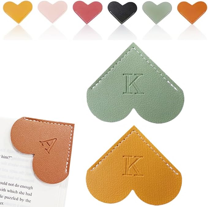Personalized Leather Heart Bookmark, 26 Letters Customized Corner Book Mark for Reading Women, Book Marker with Initials，Cute Gifts (Green+Light Brown, K)