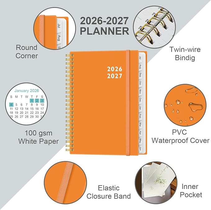 2026-2027 Planner - Weekly and Monthly Calendar Planner from Jul 2026 - Jun 2027, Planner 2026-2027 Spiral Bound with 12 Monthly Tabs, Inner Pocket, Perfect for School Office Supplies, 6.4" x 8.5", Orange-C