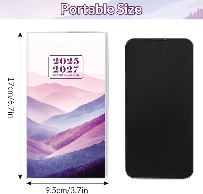 Pocket Calendar 2025-2027, Purse Monthly Planner - 3.7" x 6.7" - Runs from July 2025 Until December 2027, 2026 Pocket Calendar with Mountain PVC Cover for Office