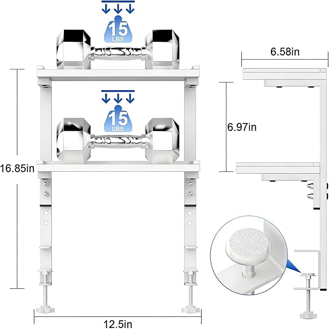 2-Tier Desk Shelf, Expandable Under Desk Storage, Clamp on Desk Shelf, Desktop Accessories for Offices, Study Rooms, and Game Rooms (White)