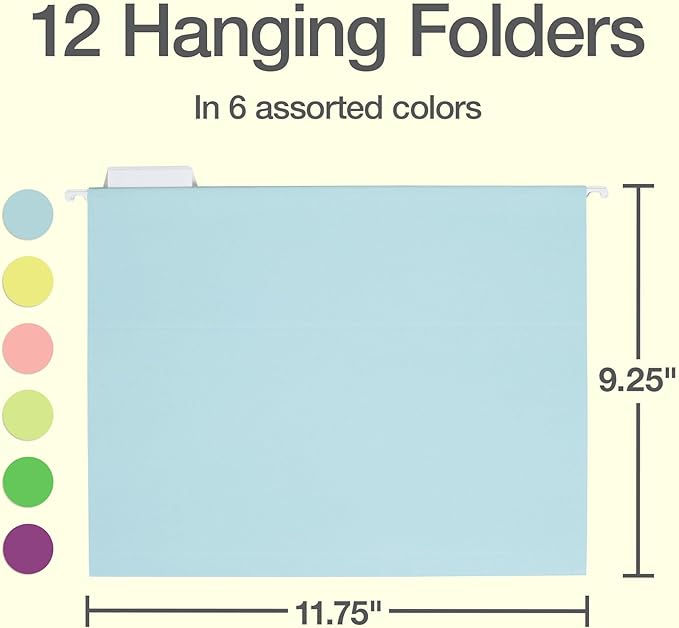 Oxford Hanging File Folders, 12 Pack, Letter Size (8.5" x 11"), 6 Assorted Colors, 5 Tab Positions, Includes Tabs and Inserts, Hanging Files for Office and Document Organization