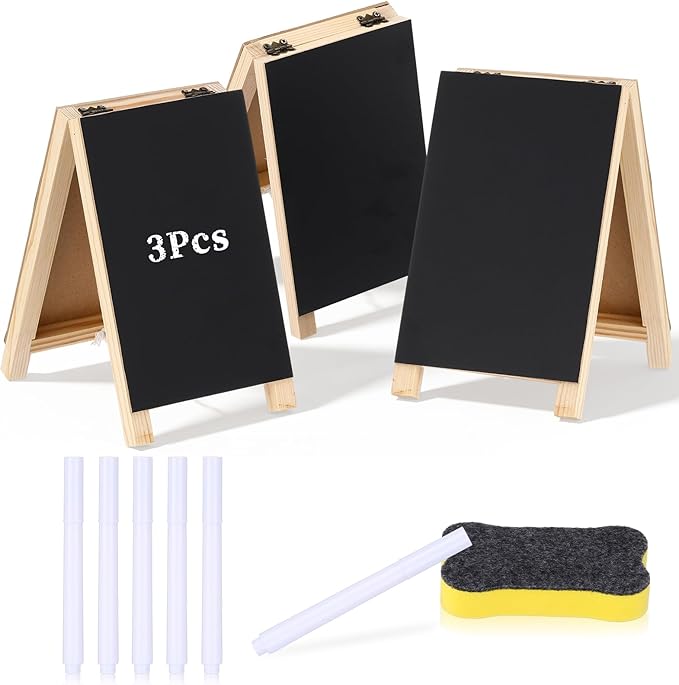 3 Pcs Mini Chalkboard Easel Signs 4.5" x 7.5" Tabletop Chalkboard Sign Double Sided Display Comes with Chalk and Blackboard Eraser for Bar Wedding Parties Home Decor Restaurant Menu