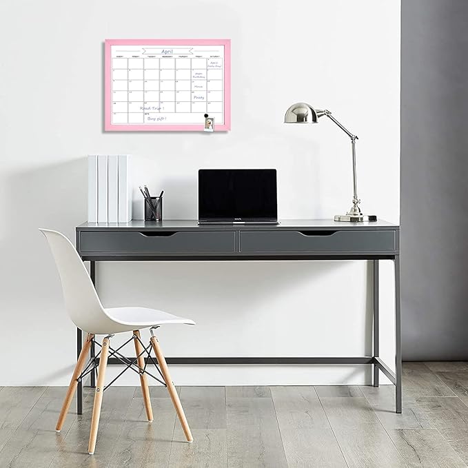 TORASO Dry Erase Monthly Calendar Board, Magnetic Whiteboard for Wall, Office/School/Home, Solid Wood Pink Frame Hanging Board 10.5"x 14.5"(YL-Pink-2737-B)