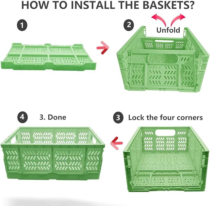 20L Folding Crate, 4Pack Plastic Storage Baskets Organizer for Home and Office,Collapsible Storage Crates for Home Office and Outdoor Organizer. (Green)