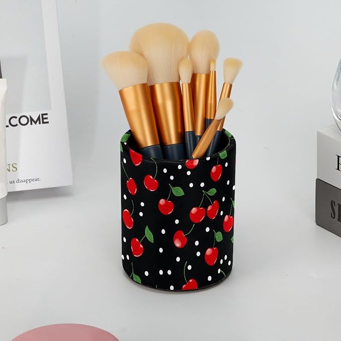 Cherry Pen Holder Pencil Organizer Cute Pencil Cup Desk Decor Makeup Brush Holder PU Multifunctional Office Supplies for Home Classroom School