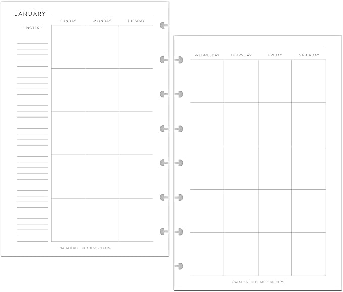 BetterNote Monthly Undated Calendar Refill for Disc Notebooks, Fits Levenger Circa, Happy Planner, Staples Arc, TUL, InkWell Press, IWP, MAMBI (7-Disc, 4.6”x7”, Classic)
