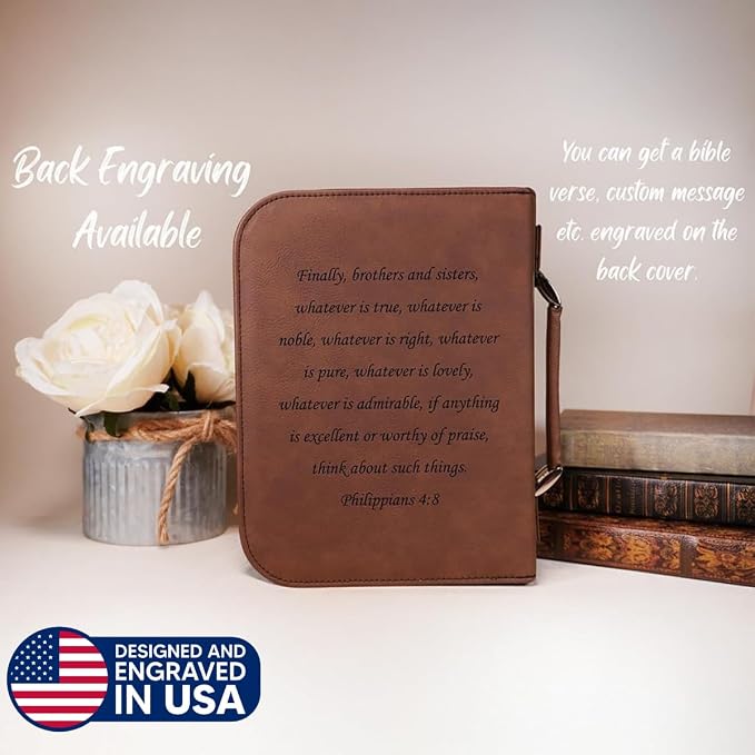 Personalized Vegan Leather Zippered Bible Cover – Custom Engraved Scripture Journal Case with Handle, Pen Holder & Pocket – Fits Large & Medium Bibles