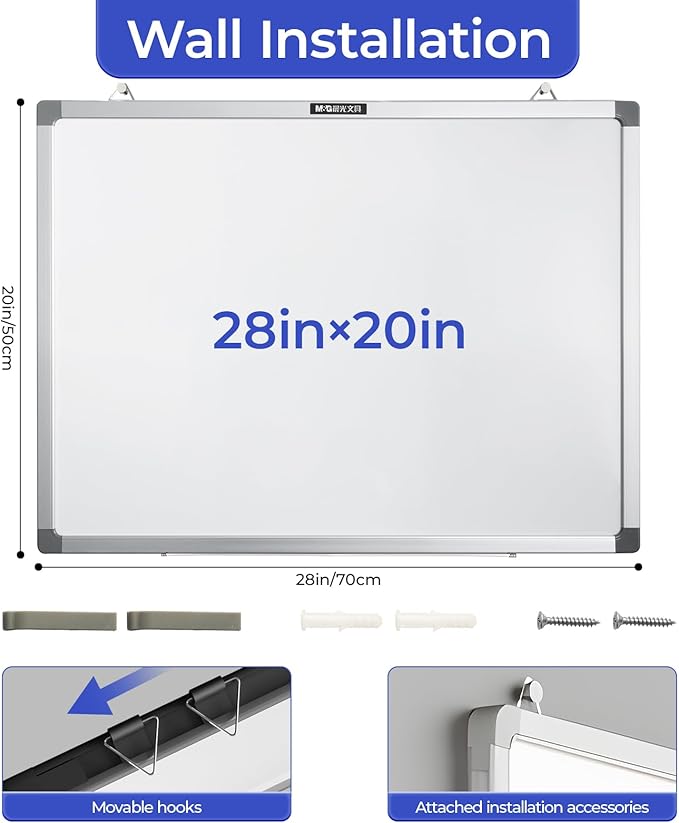 M&G Dry Erase Board Magnetic White Board for Wall, 28” x 20” Whiteboard with 2 Markers & 2 Magnets & 1 Eraser, Hanging Whiteboard with Silver Frame for Planning, Drawing, to Do List, Office Use