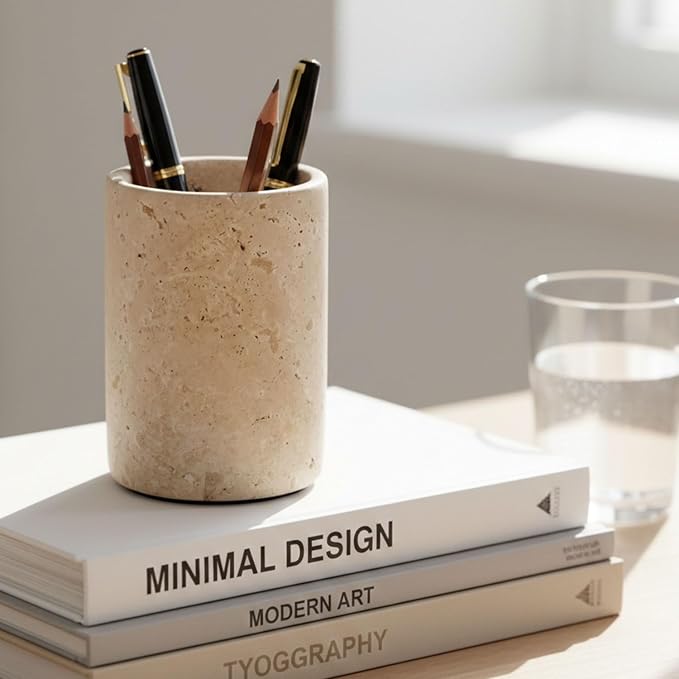 Radicaln Marble Pen Holder For Desk 4" Inches Travertine Handmade Pencil Holder & Pen Holder for Home & Office Desktop Organizer, Ideal Marble Toothbrush Holder