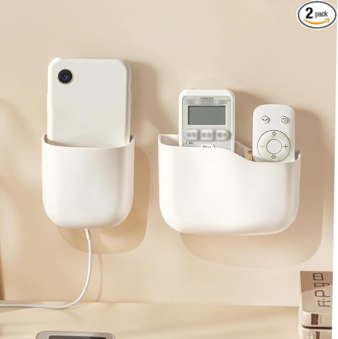 Wall Mount Remote Control Holder, Adhesive Phone Charging Holder, Universal TV Remote Organizer, Controller Storage Organizer Box with Adjustable Divider for Phone,Room, Bedside, Office (S*1&L*1)