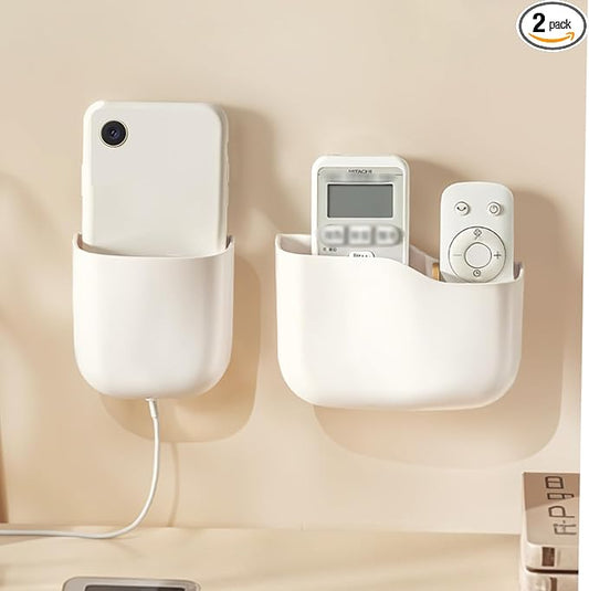 Wall Mount Remote Control Holder, Adhesive Phone Charging Holder, Universal TV Remote Organizer, Controller Storage Organizer Box with Adjustable Divider for Phone,Room, Bedside, Office (S*1&L*1)