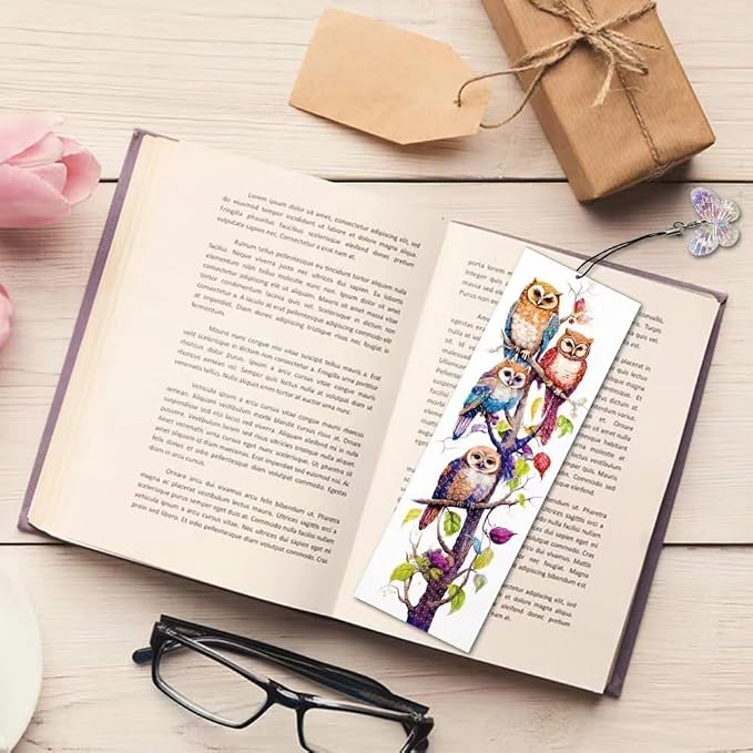 8PCS Owl Diamond Painting Bookmark DIY Diamond Art Kits for Adults, Acryliy Bird Diamond Art Bookmarks with Pendant for Book Lovers