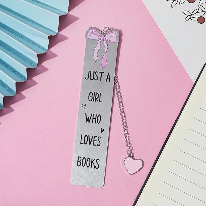Pink Bowknot Stainless Steel Bookmark - Printed with Cute Bowknot Patterns & Equipped with Heart Pendants, Ideal for Female Readers, Perfect Birthday Gift for Girlfriends (Style A)