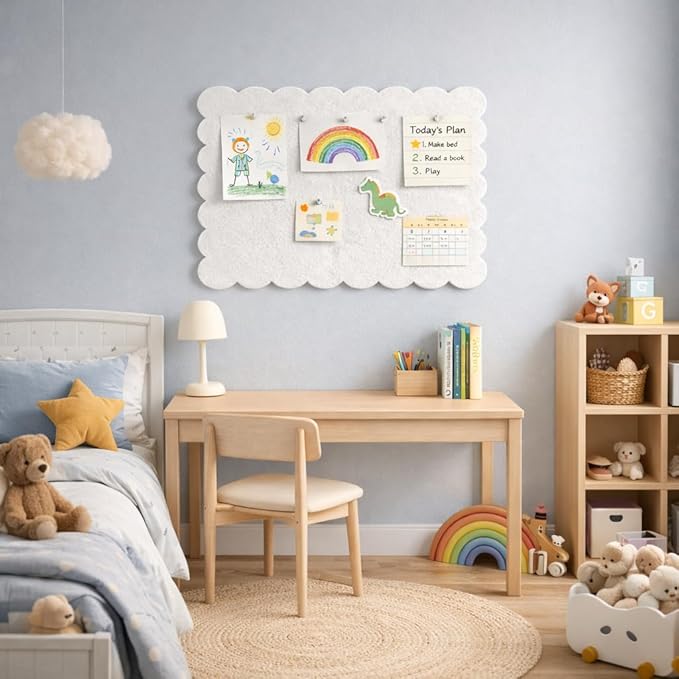 Scalloped Felt Bulletin Board 36 x 24 Inches, Large Decorative Pin Board for Wall, Vision & Message Board for Home Office, Bedroom & Study (Warm Beige)