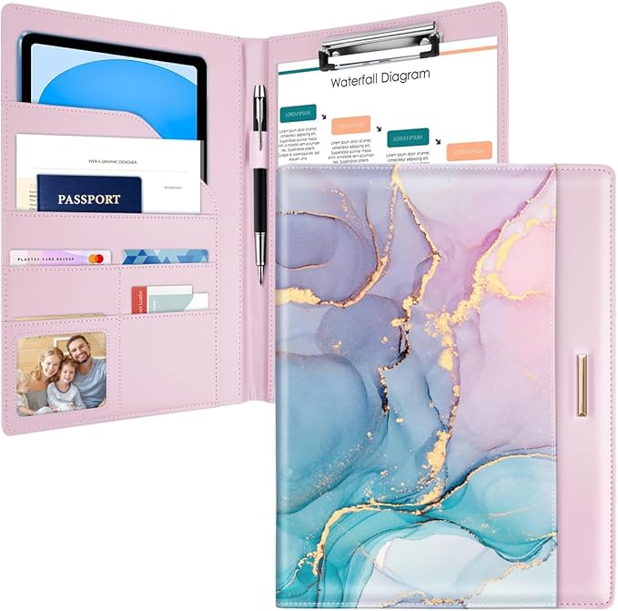 Padfolio/Resume Portfolio Folder for Women Men, WAVEYU Cute Chic Padfolio Cover Folder, Conference/Legal Document Organizer with Letter/A4 Size Clipboard, Document Sleeve, Pink+Blue Gold
