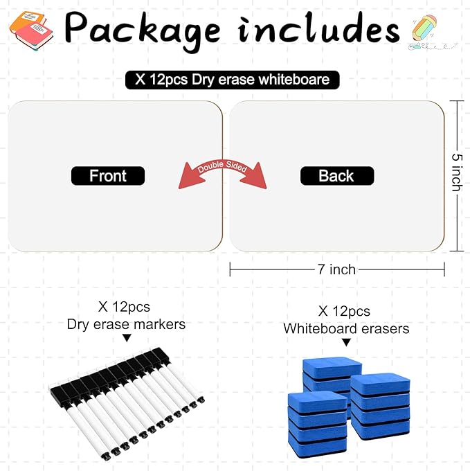 12-Pack Dry Erase Boards 5" x 7" Double-Sided Mini Whiteboard Set – Includes Markers & Erasers – Perfect for Students, Teachers, and Classroom Use