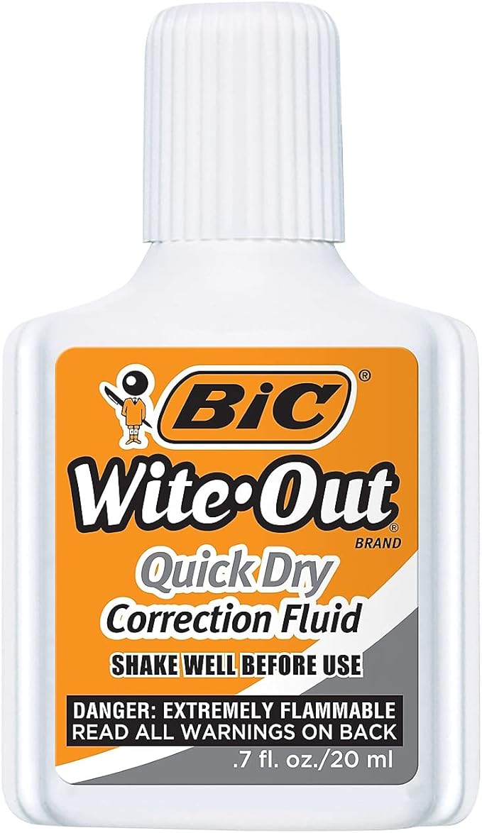 BIC Wite-Out Quick Dry Correction Fluid, 20 mL, White, Goes On Easy With A Reduced Dry Time, 3-Count Pack