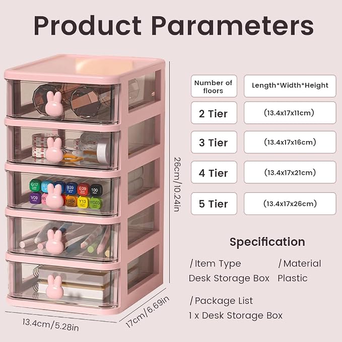 4-Tier Desk Storage Box, Transparent Plastic Organizer with Bunny Handles, Large Capacity Multi-Level Drawer for Books, Pens, Office Supplies, Perfect for Home, Office, or Study