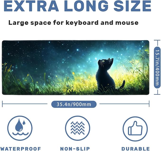 Black Cat Gaming Mouse Pad 35.4 x 15.7 Inches Starry Sky Grass Fantasy Night Light Desk Mat Mouse Mat XXL Laptop Keyboard Pad, Laptop Keyboard Mousepad Aesthetic Accessories for Women