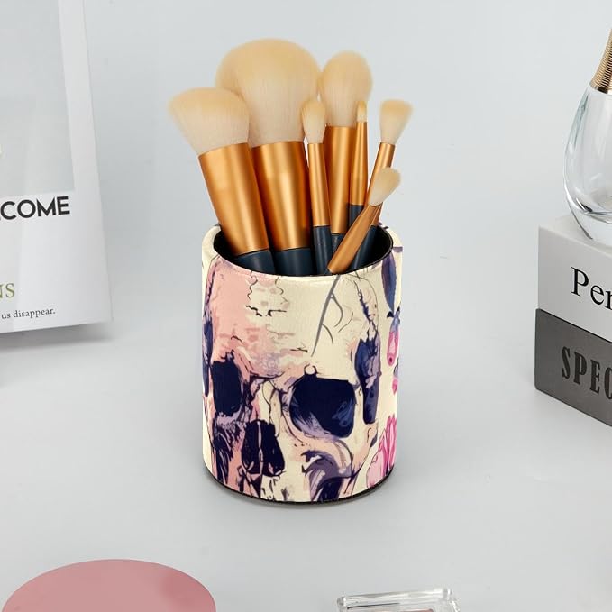Pen Cup Holder for Desk, Large Pen and Pencil Holder, Skulls with colorful Floral Art Pattern Desk Stationery Organizer Makeup Brush Holder for Home, Office, School