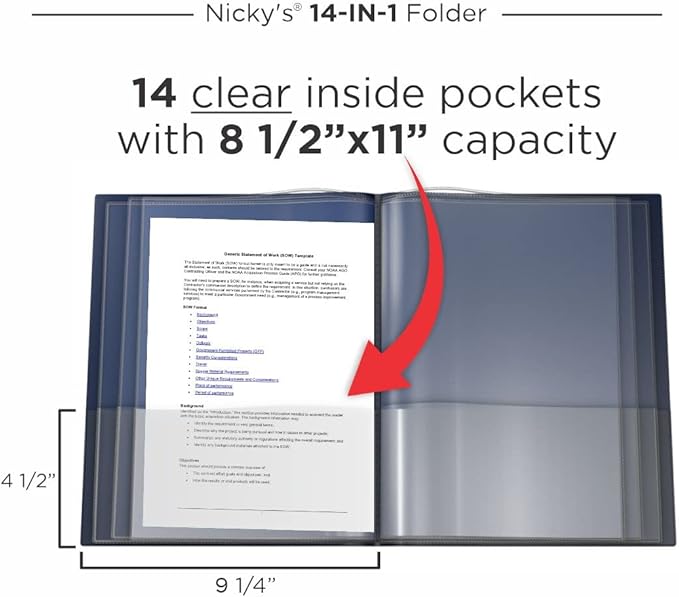 Nicky's® Multi Pocket Organizer, 10 or 14 Page Folder, Waterproof, Patented Tear-Resistant, Flexible Plastic, Proudly Made in USA, Binder Substitute. (14-in-1 Navy Blue)