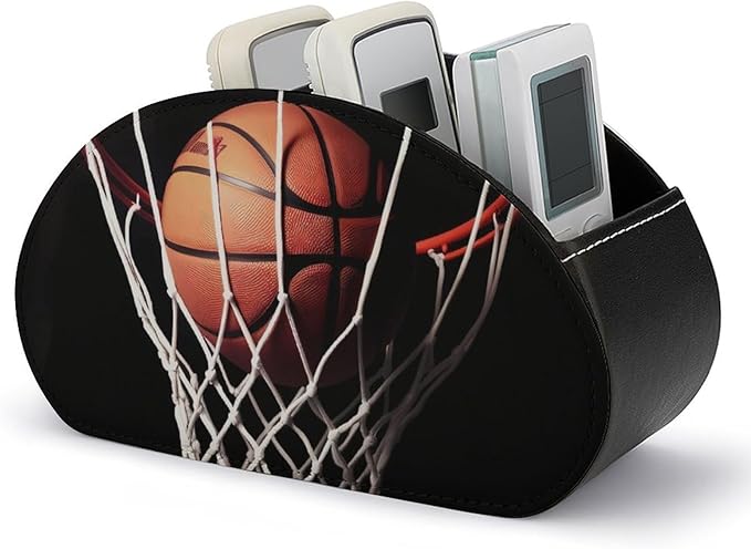 PU Leather Basketball Remote Control Holder Caddy with 5 Compartments Nightstand TV Remote Caddy Small Desktop Organizer Storage for Remotes Makeup Office Supplies