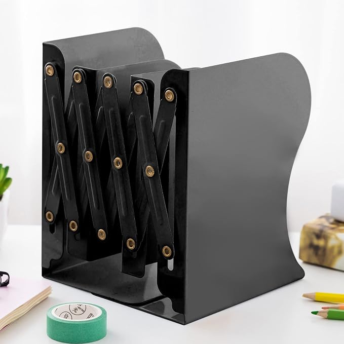 Adjustable Metal Bookends Heavy Duty for Shelves, 2 Dividers, Anti-Slip Design Expandable Book Ends for Desk, Office(Black, 19 inches Max)