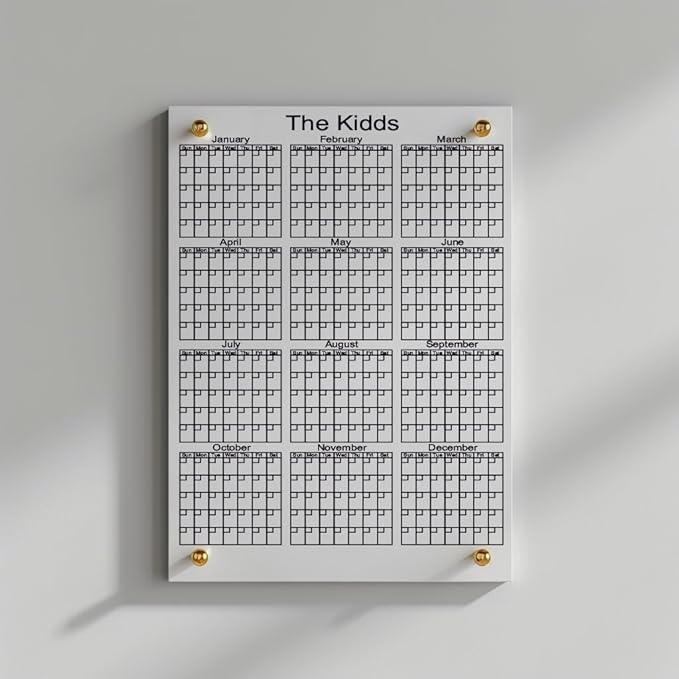 Personalized Yearly Acrylic Wall Calendar – Custom Dry Erase 12-Month Planner with Family Name – Clear, Stylish Annual Organizer for Home or Office