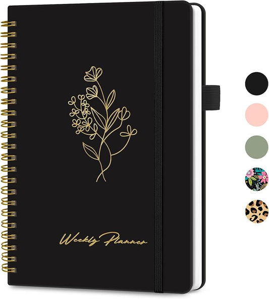 Taja Undated Weekly Planner, Weekly To Do List Notebook with Goal & Habit Tracker Organizer, A5 Weekly Planner Notebook with Spiral Binding, 6.1" x 8.2" - Black