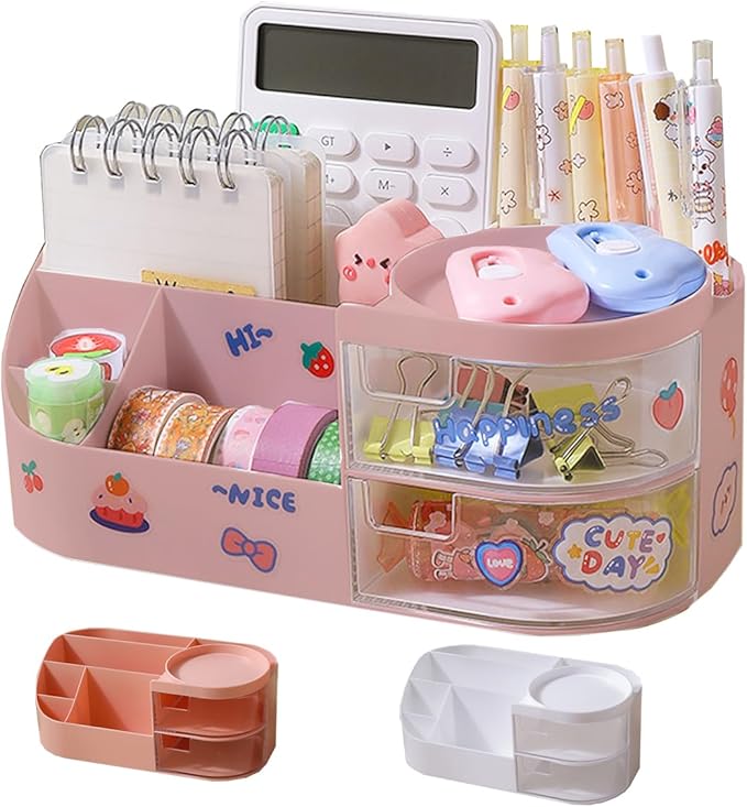 Kawaii Stationery Storage Box Makeup Organizer with 2 Drawers, Kawaii Pen Organizer with Stickers DIY Fun, Desk Organizers and Accessories with 5 Compartments for Teen Girls Office Art Supplie