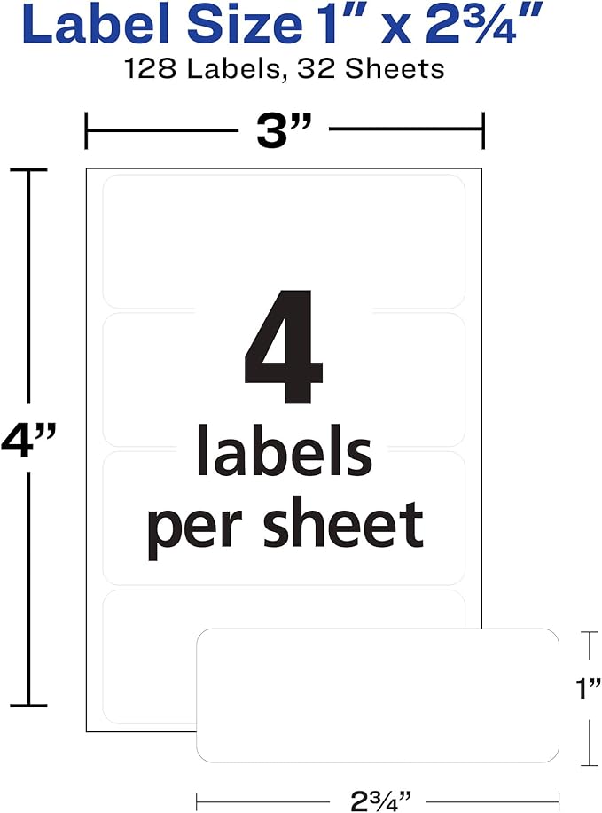 Avery Multi-Use Removable Labels, 1" x 2.75", White, Non-Printable, 128 Blank Labels Per Pack, 4,608 Total (36 Packs of 6113)