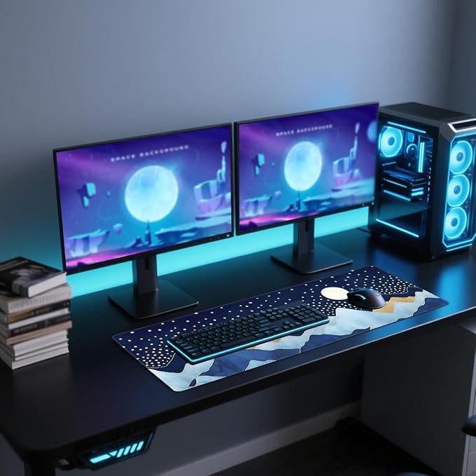 Moonlight Peaks Gaming Mouse Pad Large Desk Mat Blue Gold Mountain Starry Night Mousepad Computer Keyboard Pad Mouse Mat Laptop Mat 31.5 x 11.8 Mouse Pads for Desk Home Office Gaming