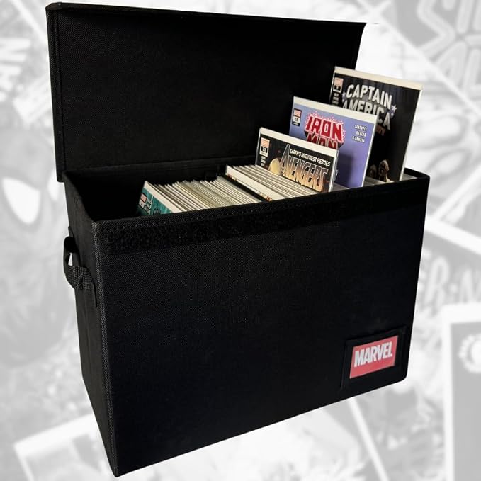 Comic Book Storage Box With Divider Built In (Removable)- Black Comic Book Box, Water Resistant, Holds 150 Comic Books, Full-length Velcro Flip-Top Enclosure, Comic Book Storage Box label pocket