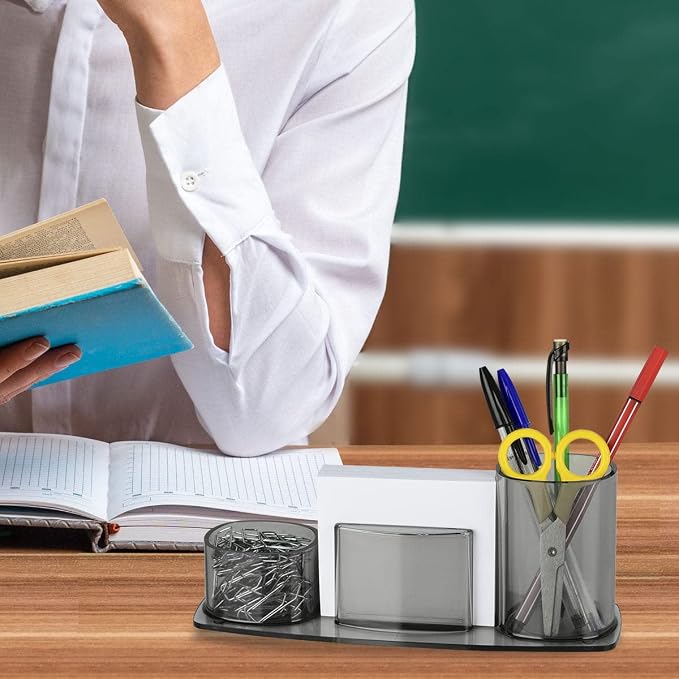 Acrimet Millennium Desk Organizer Cup Caddy – Plastic Desktop Holder for Pen, Pencil, Clips, Desk Accessories & Memo Paper – Includes 200 Sheets of Memo Paper (Clear Gray Color)