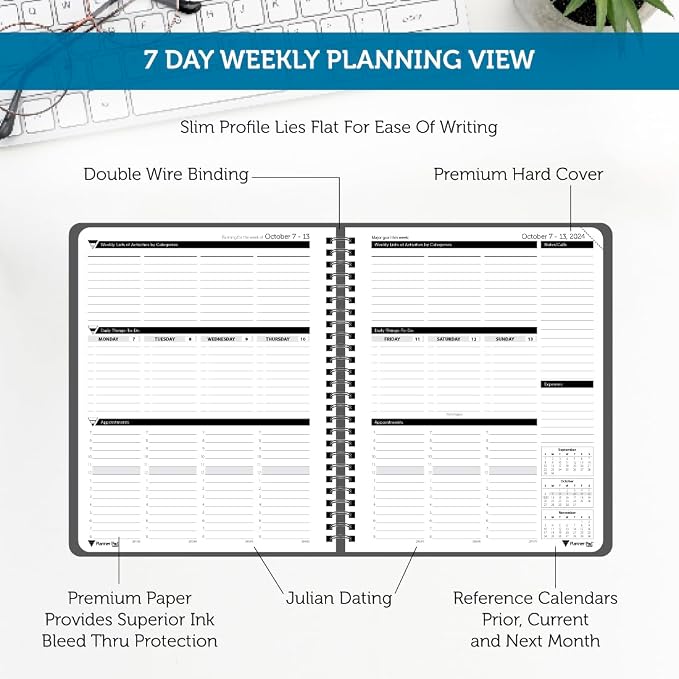 Planner Pad Spiral Bound October 2024 – September 2025 6 3/4" x 8 1/2" Medium 3-Tier Funnel Down 12 Month Organizer, Black Cover/Black Ink