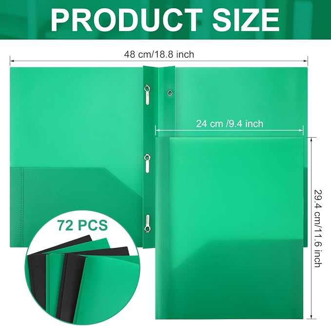 Cholemy 72 Packs Pocket Folders with Prongs Heavy Duty Plastic Folder with Business Card Slot 3 Prong Fasteners for School Office (Black,Green)